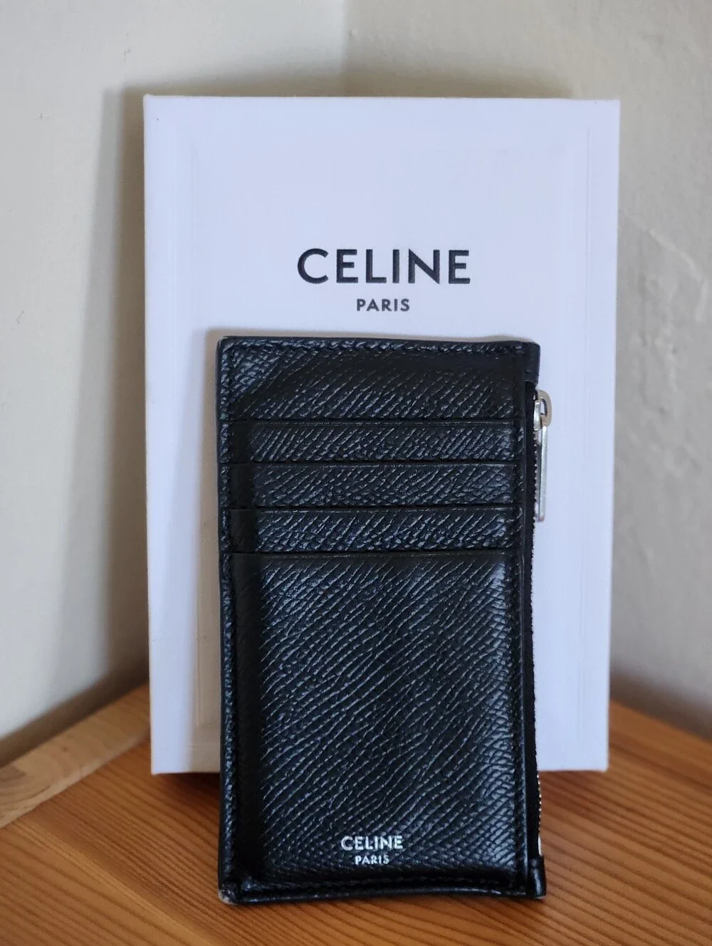 Celine Zipped Compact Card Holder In Grained Calfskin W/ Box